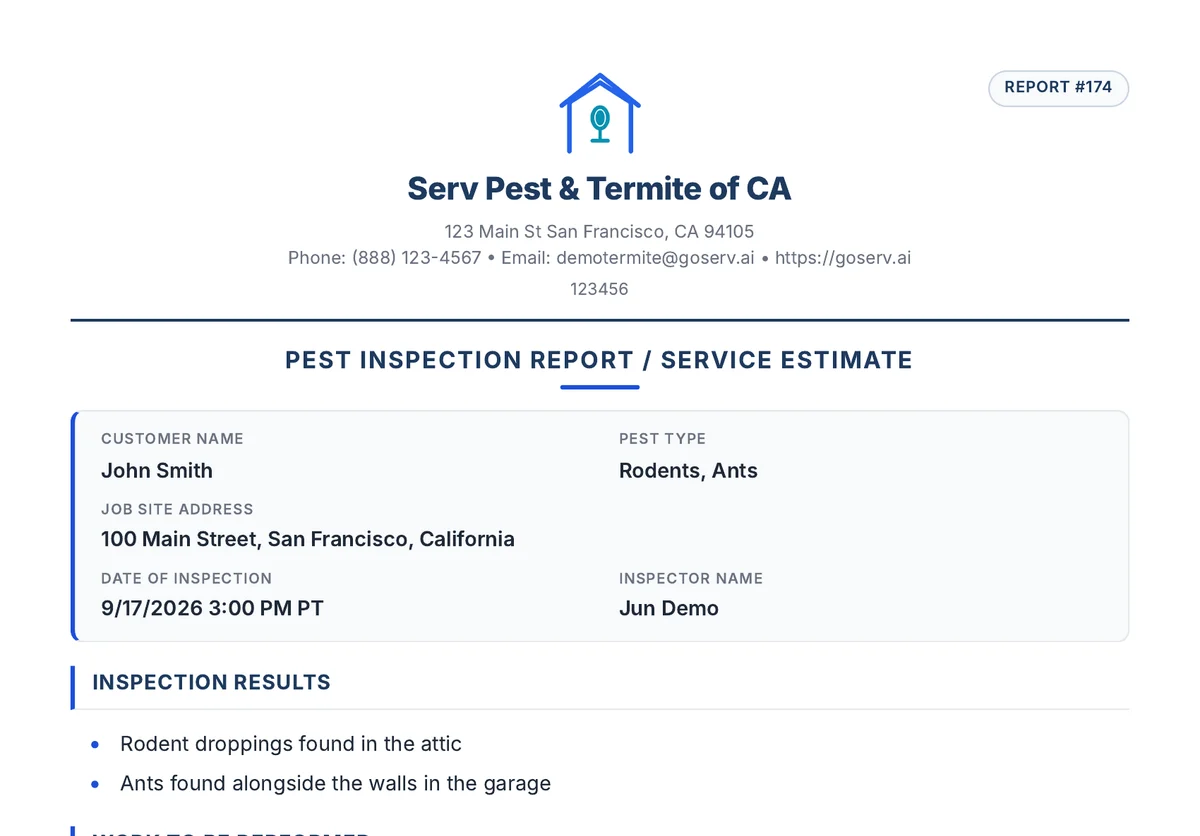 Page one of a pest inspection report generated from the voice memo above, listing the customer, job site, inspection findings and the work to be performed.